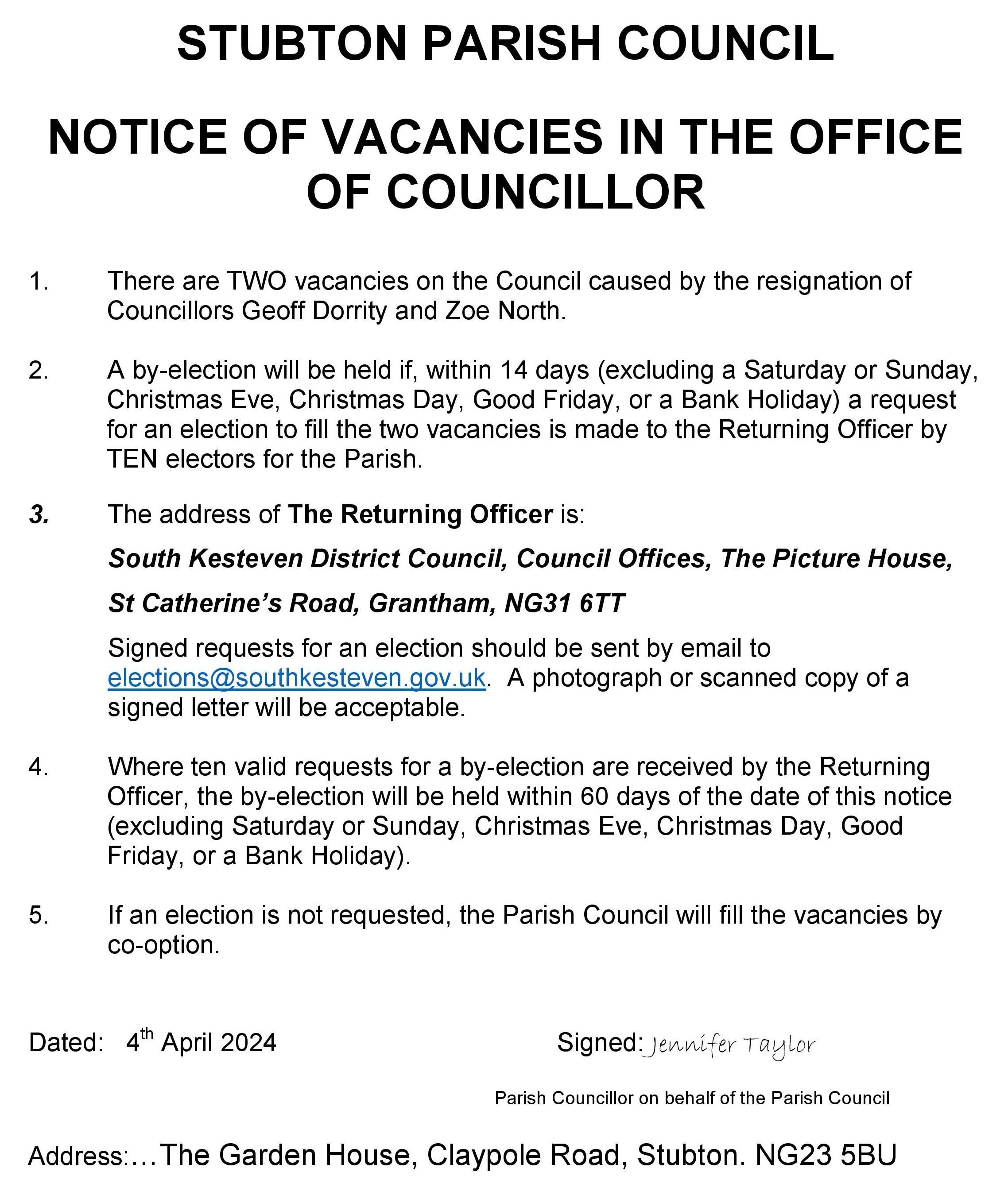 Notice of vacancies april 2024
